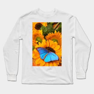 Blue Butterfly On Sunflower Long Sleeve T-Shirt